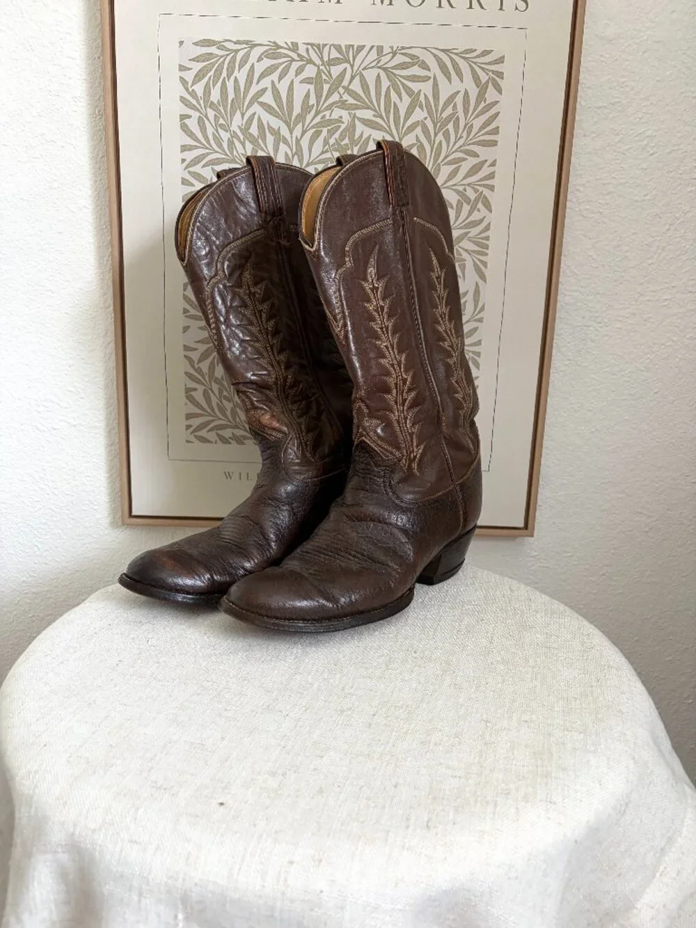 Vintage Tony Lama Cowboy Boots | Brown Leather Leaf Stitch, Size 11